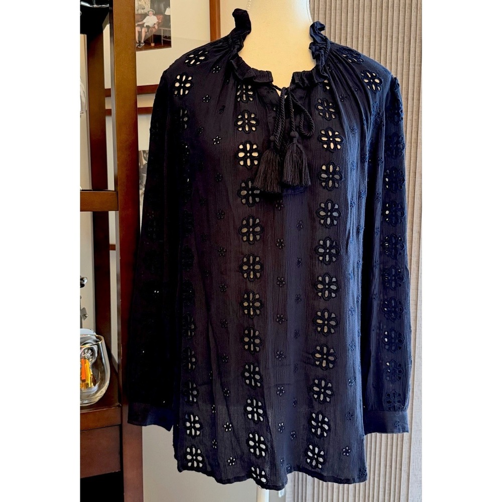 Chicos Embroidered Open Weave Tie Front Shirt 1(M) Navy Bohemian Lagenlook